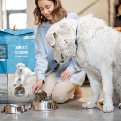 Kobieta karmi psa przy użyciu karmy weterynaryjnej z dużego opakowania.