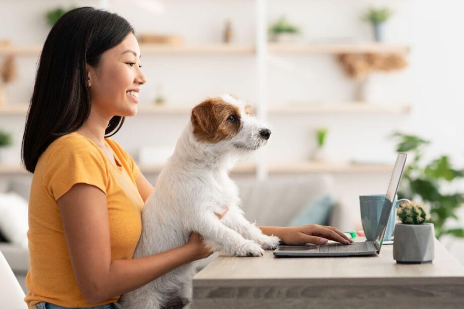 Kobieta z psem przegląda sklep zoologiczny online na laptopie.