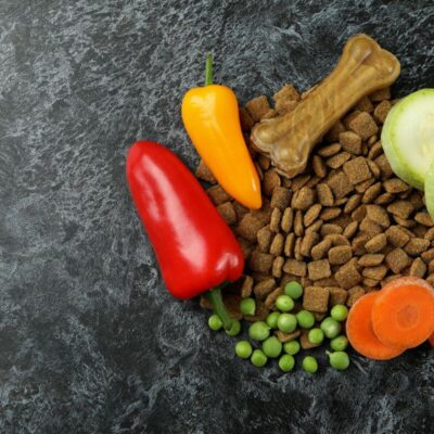 Karmy weterynaryjne otoczone świeżymi warzywami na ciemnym tle.