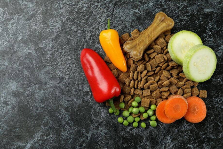 Karmy weterynaryjne otoczone świeżymi warzywami na ciemnym tle.