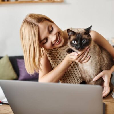 Kobieta z kotem przegląda ofertę sklep zoologiczny online na laptopie.