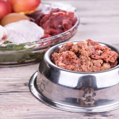 Stalowa miska pełna karmy mokrej dla psa stoi na drewnianym stole.