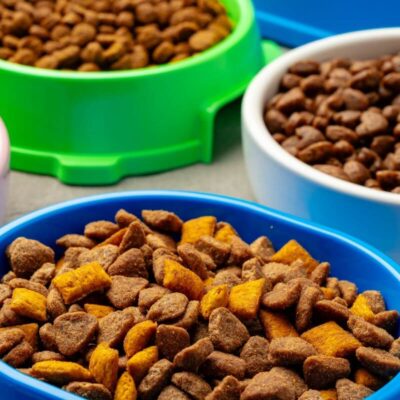 Kolorowe miski wypełnione suchą karmą weterynaryjną dla psa.