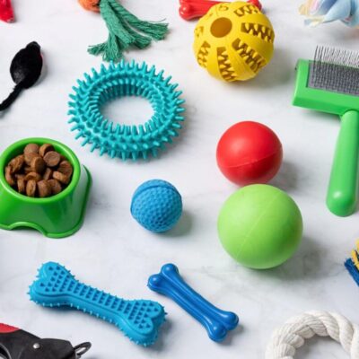 Różnorodne artykuły zoologiczne dla psów, w tym zabawki, smakołyki i akcesoria pielęgnacyjne.
