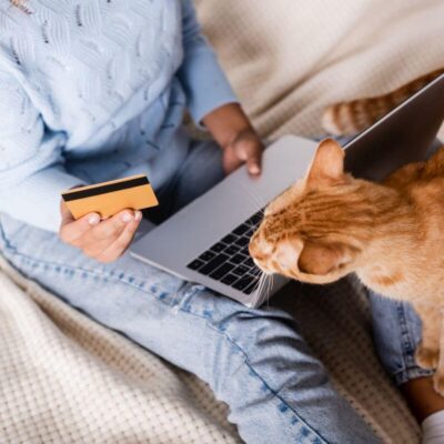 Osoba z laptopem robi zakupy w sklepie zoologicznym z pomocą karty kredytowej, a obok niej jest kot.