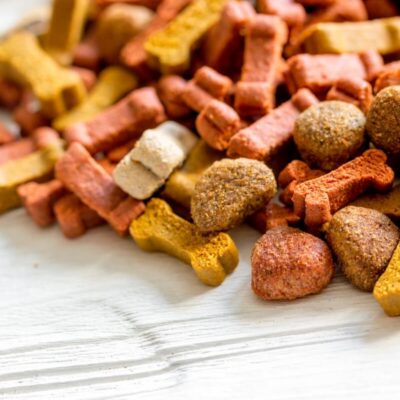 Kolorowe przysmaki dla psa ułożone na drewnianym stole.