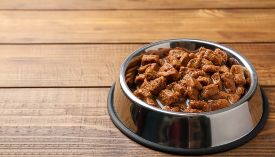 Metalowa miska z karmą mokrą dla psa na drewnianym stole.