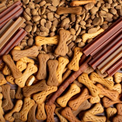 Różnorodne przysmaki dla psa, w tym kostki i patyczki.